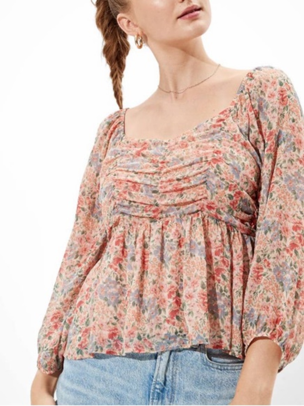 American Eagle Outfitters Floral Peasant Top in Pink and Green NWT